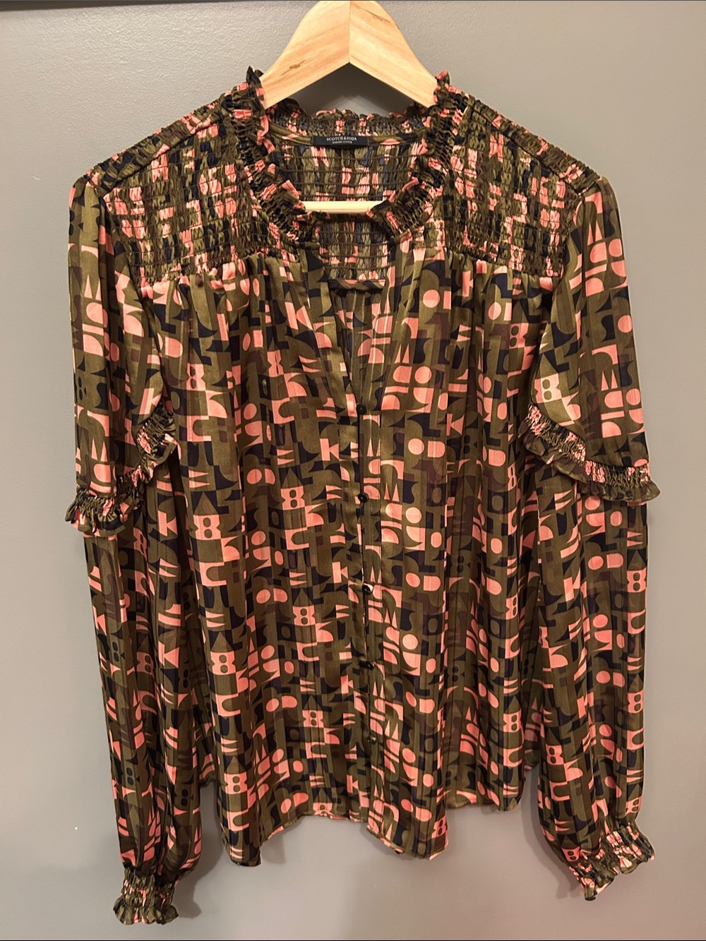 Scotch & Soda Olive and Pink Geometric Smocked Yoke Blouse